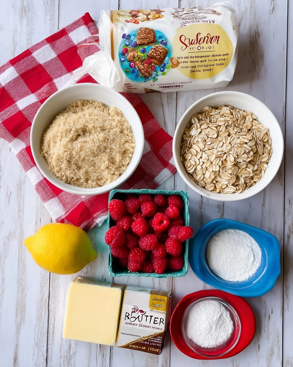 The image shows a flat lay of baking ingredients on a white marbled surface with a red and white checkered cloth underneath. There are two white bowls, one filled with light beige brown sugar with a crumbly texture and another filled with golden rolled oats. Next to these bowls, there is a small green carton full of bright red fresh raspberries. Nearby, there is a clear glass bowl with white granulated sugar, and a stick of salted butter in beige wrapping labeled