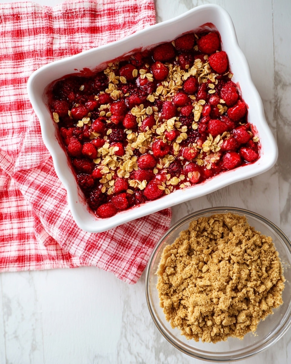 A white baking dish filled with a mix of red raspberries and a few darker berries as the bottom layer, topped with a golden oat crumble unevenly spread across. To the right, a clear glass bowl holds the remaining oat crumble, showing its coarse, chunky texture in a light brown color. Underneath the dish and bowl is a red and white checkered cloth on a white marbled surface. Photo taken with an iphone --ar 4:5 --v 7