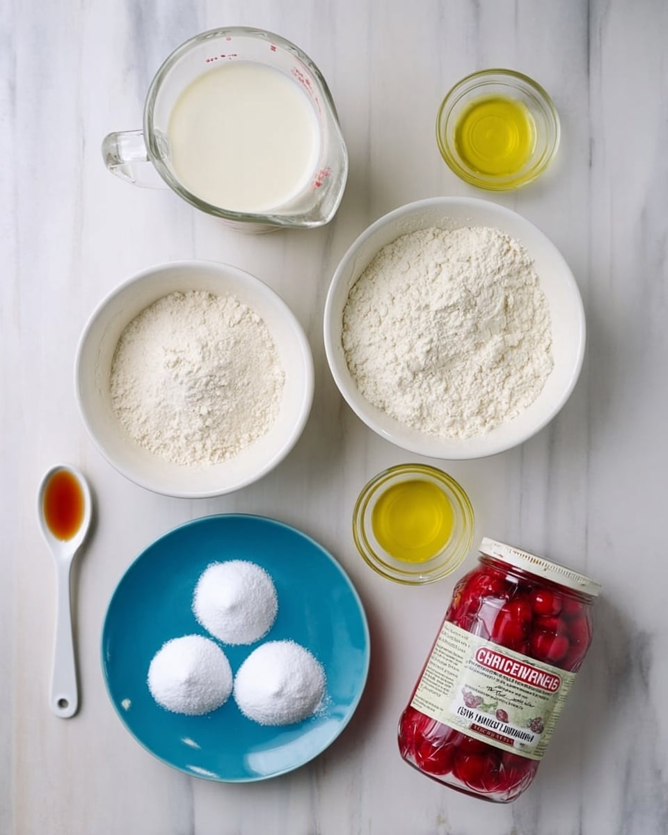The image shows a top view of various baking ingredients placed neatly on a white marbled surface. In the center is a white bowl filled with fine white sugar, next to it on the right are two small clear glass bowls with yellow oil. Below is a white bowl filled with white flour, and beside it on the right is a jar with maraschino cherries, red in color and labeled. To the left of the bowls, there is a small white spoon with amber-colored vanilla extract, and above it a blue plate holding three small mounds of white powder, representing baking powder, baking soda, and salt. At the top left corner is a clear glass measuring cup filled with milk. The arrangement is clean and bright, showing the ingredients clearly for a baking recipe photo taken with an iphone --ar 4:5 --v 7