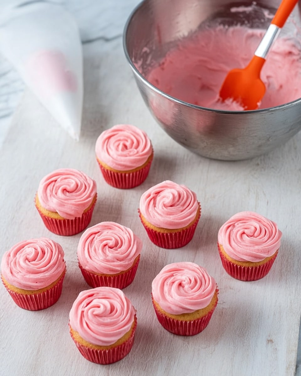 The image shows six small cupcakes with bright pink frosting swirled in a smooth spiral on top, all placed on a light wooden surface. To the left, there is a white piping bag filled with the same pink frosting, lying flat. At the top, a large shiny metal bowl contains more pink frosting with an orange spatula resting inside it. The background is a white marbled texture. photo taken with an iphone --ar 4:5 --v 7