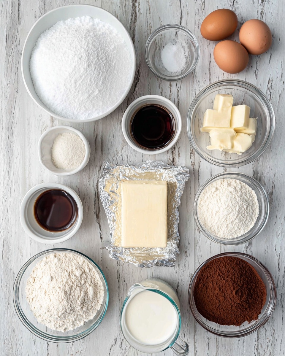 The image shows an overhead view of various baking ingredients neatly arranged on a white marbled surface. There are 11 containers in total: a large white bowl filled with fine white powdered sugar in the top left, a small glass bowl with granulated salt next to it, a small white bowl holding dark brown vanilla extract, a small white bowl containing dark liquid (likely another extract), a small glass bowl of creamy butter, two brown eggs side by side, a square block of cream cheese partially wrapped in silver foil, a medium glass bowl of granulated white sugar, a medium glass bowl with white flour, a large glass measuring cup of white thick cream, and a small white bowl holding rich brown cocoa powder. Each container is clear or white, showing the ingredients’ different textures and colors clearly against the white marbled background. photo taken with an iphone --ar 4:5 --v 7