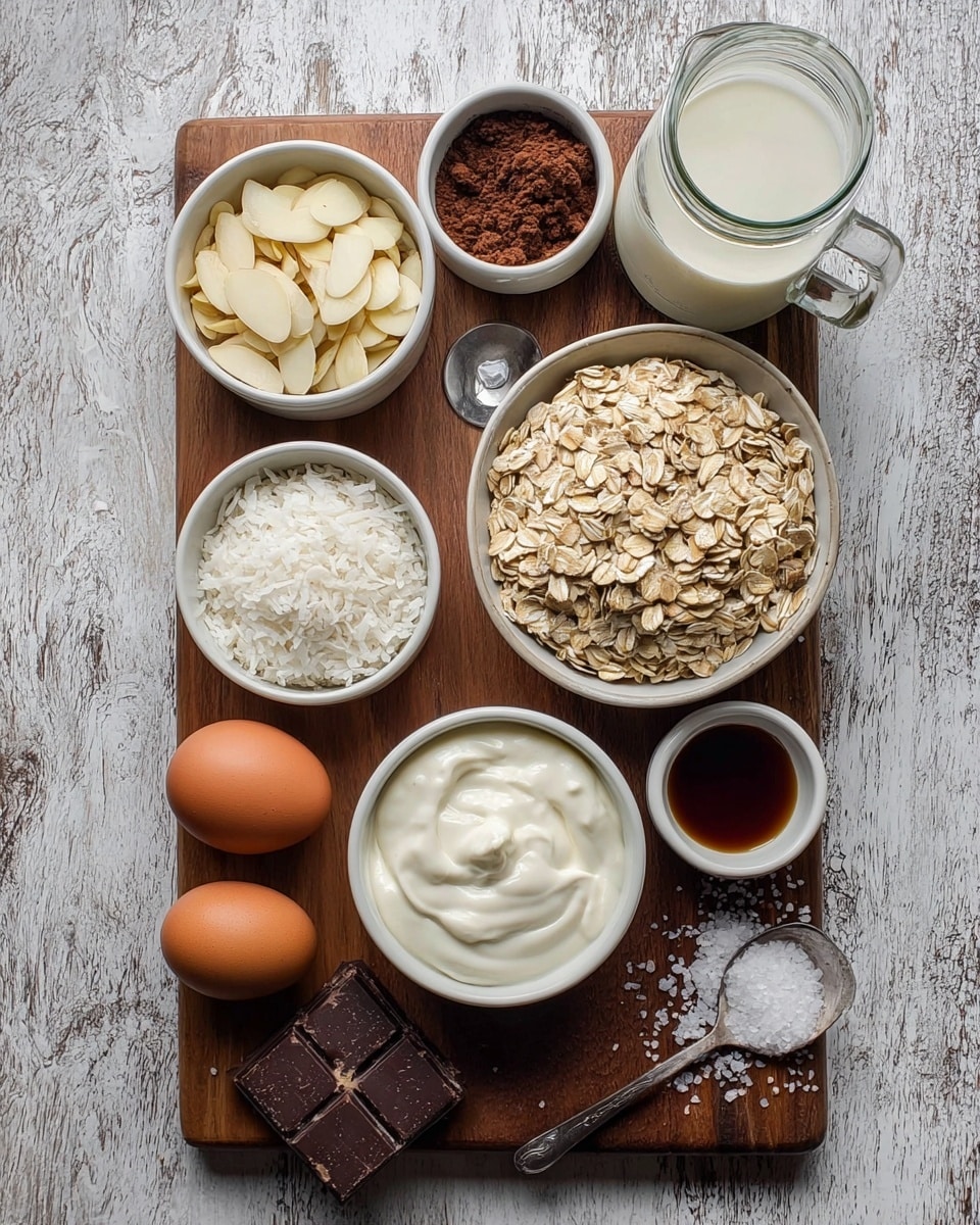 A flat lay image shows various ingredients arranged on a wooden board and a textured gray surface. There is a white bowl filled with light brown rolled oats on the right side. Below it, a smaller white bowl contains thick white creamy yogurt. To the left of the oats, another white bowl holds white coconut flakes, and next to it, a bowl filled with sliced almonds. Above the almonds, there is a clear glass jar filled with milk. Beside the jar, a small white dish contains a dark brown powder, likely cocoa. Near the center bottom, a small white cup has dark brown vanilla extract. On the left side, two brown eggs and a few chunks of dark chocolate are placed on the surface. A spoon with white salt sits on the wooden board. The background is a white marbled texture. photo taken with an iphone --ar 4:5 --v 7