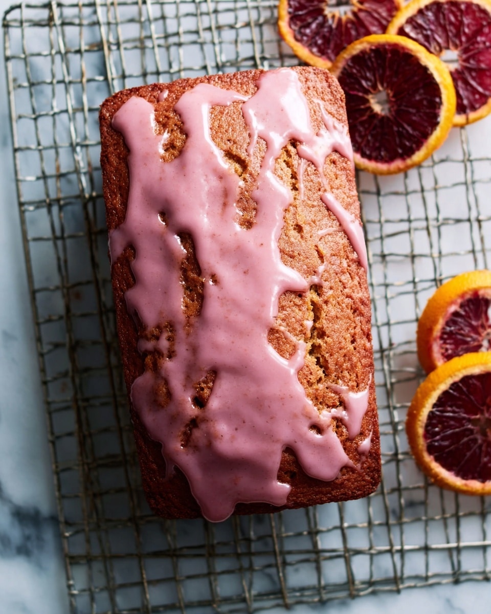 A rectangular brown cake sits on a metal cooling rack over a white marbled surface, topped with a thick pink glaze that drips down the edges unevenly, showing spots of the textured cake underneath. Two dark red, sliced citrus fruits are placed near the top right corner of the rack, adding a contrast of deep purple and yellow colors to the scene. The photo taken with an iphone --ar 4:5 --v 7