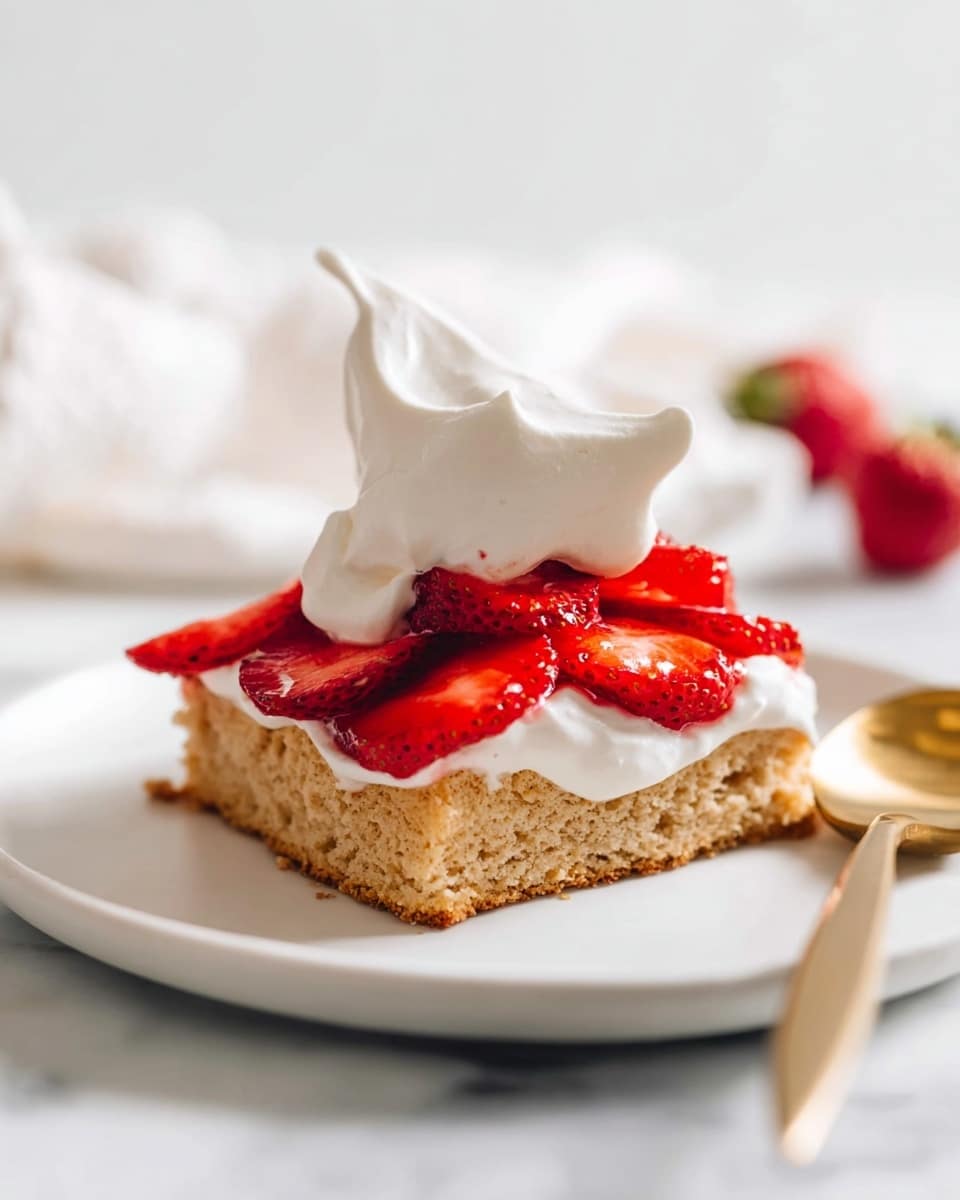 A close-up of a single slice of light brown biscuit with a soft, crumbly texture sits on a white plate. On top, there is a layer of bright red, thinly sliced strawberries arranged neatly. Over the strawberries, a dollop of thick, white cream is being spooned generously, creating a smooth, creamy layer with soft peaks. The scene is set on a white marbled surface with a blurred white cloth in the background and a golden spoon resting beside the biscuit. photo taken with an iphone --ar 4:5 --v 7