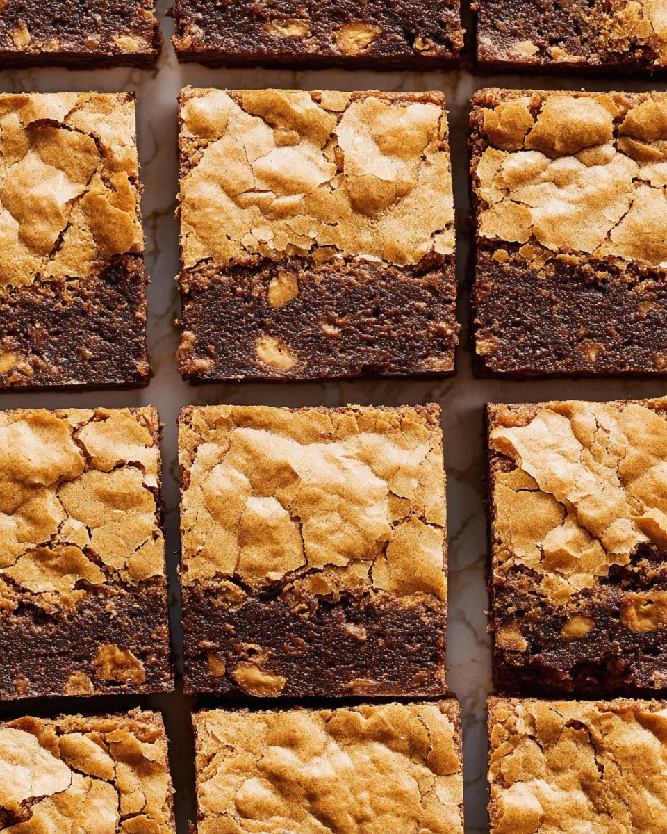 This image shows a close-up view of neatly cut brownies arranged in a grid pattern. There are three layers visible: the top layer is a light golden brown with a cracked, slightly crispy texture, the middle layer is rich dark brown chocolate, and the bottom layer is similar but slightly softer and thicker. The brownies have a uniform size, and some small pieces of nuts or chocolate chips are visible inside, showing texture contrasts. The whole surface is set on a white marbled background. Photo taken with an iphone --ar 4:5 --v 7