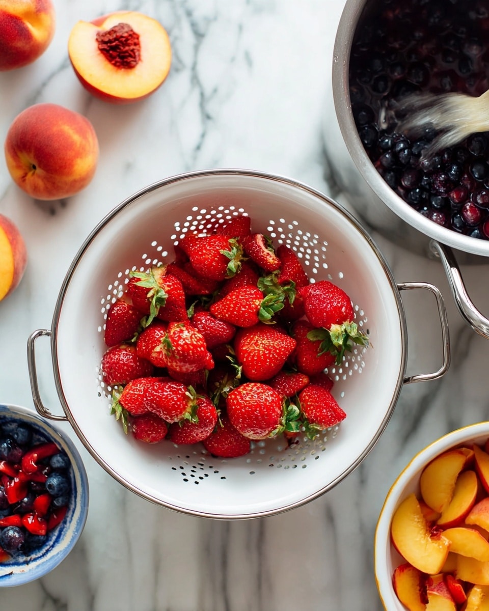 The image shows a white colander in the center filled with bright red strawberries with green tops. Around the colander are peeled peaches, some whole and some halved, lying directly on a white marbled surface. Above and to the right of the colander is a white bowl filled with dark blue blueberries edged with a thin gold rim. On the right side of the split image, sliced strawberries fill a silver metal pot resting on the same white marbled surface, and a woman's hand pours a light liquid into the pot. Next to the pot is a white bowl with peach pieces. The scene has bright, natural lighting. photo taken with an iphone --ar 4:5 --v 7