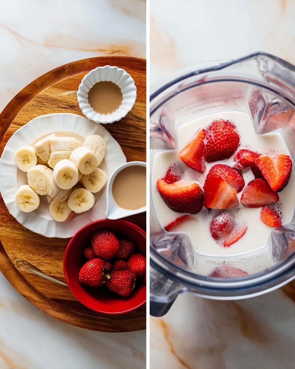 The image shows two parts: on the left, a round wooden tray on a white marbled surface holds a white plate with sliced banana pieces in a silver measuring cup, a small white scallop bowl with a light brown liquid, a red bowl filled with whole strawberries, and a small bowl of light brown creamy substance. On the right, inside a clear blender, there are whole and sliced strawberries sitting in white milk. Photo taken with an iphone --ar 4:5 --v 7