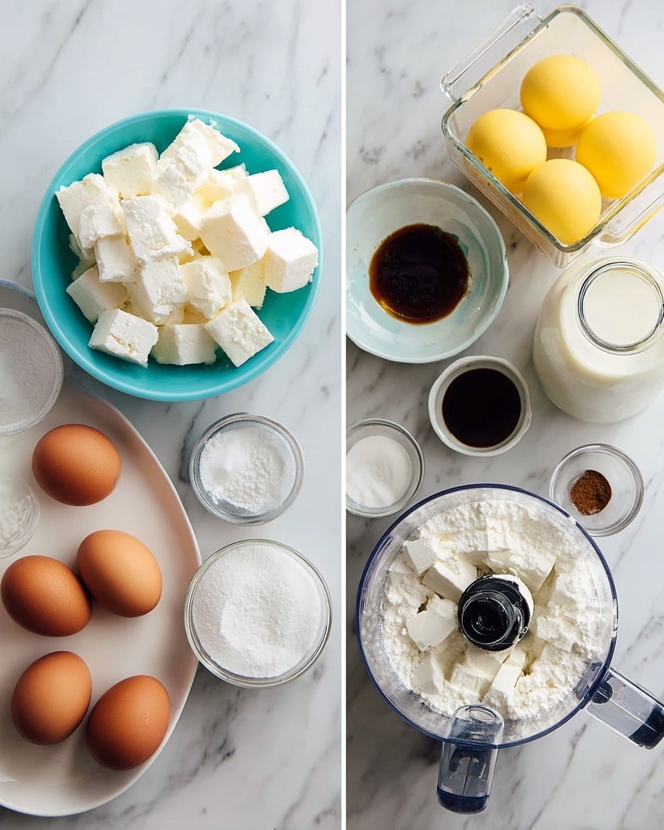The image shows two side-by-side scenes on a white marbled background. On the left, there are six brown eggs on a white plate at the bottom left. Above the eggs, there is a bowl filled with cubes of white cream cheese. To the left of the cream cheese bowl, a turquoise bowl contains granulated white sugar. To the right of the cream cheese, there are three small bowls: one with white powdery flour, one with salt, and one with dark vanilla extract. On the right side of the image, a clear food processor bowl holds cubes of cream cheese dusted with white sugar. Behind the food processor, there is a glass jug of white milk and a clear container holding four raw yellow eggs. The setup is neat, showcasing the preparation of ingredients for baking or mixing photo taken with an iphone --ar 4:5 --v 7