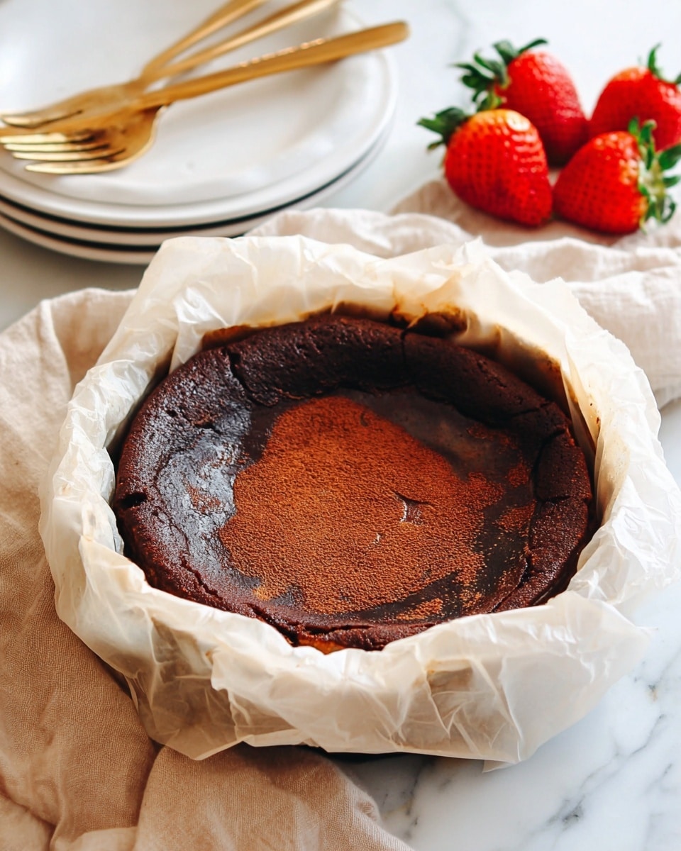 A round dark brown burnt cheesecake with a slightly cracked and deeply caramelized top is placed inside a white parchment paper lining, with edges of the paper lifting high above the cheesecake. The cheesecake is thick and has a rough texture on the surface with a burnt darker ring around the edges. In the background, there are three fresh bright red strawberries with green leaves placed on a stack of three white plates. Two golden forks lay crossed on top of a soft beige cloth on a white marbled surface. The photo taken with an iphone --ar 4:5 --v 7