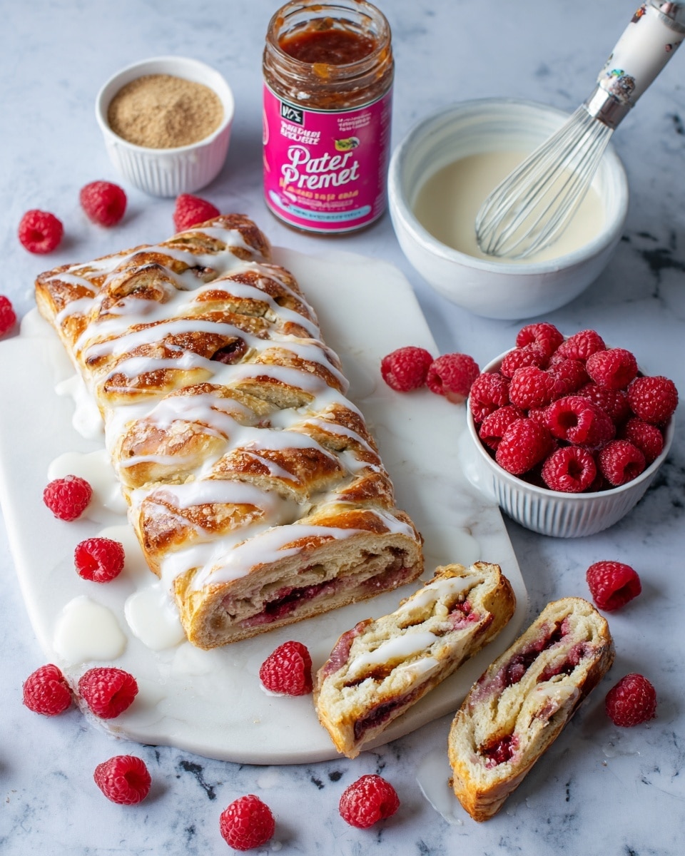 A rectangular braided pastry with a golden-brown crust is placed on a white marbled surface. The pastry has several layers with visible dark red raspberry filling peeking through the flaky dough. It is generously drizzled with shiny white icing that spreads slightly around it. Two thick slices are cut and positioned near the main pastry, showing the berry filling and flaky texture inside. Around the pastry, there is a glass bowl of thick white icing with a small whisk inside, a white bowl filled with fresh bright red raspberries, a small white bowl of light brown sugar, and a jar of raspberry fruit spread with a pink label on the left side. Some loose raspberries are scattered casually around the scene. photo taken with an iphone --ar 4:5 --v 7