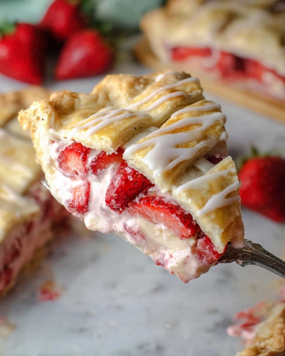 A slice of strawberry pie is held above a white marbled surface by a silver pie server. The pie has three visible layers: the bottom layer is a creamy light pink filling mixed with pieces of red strawberries, the middle layer is made of fresh red strawberry slices, and the top layer is a golden-brown lattice crust with white glaze drizzled over it. In the background, more slices of the same strawberry pie are visible on a white marbled surface with some red strawberries nearby. Photo taken with an iphone --ar 4:5 --v 7