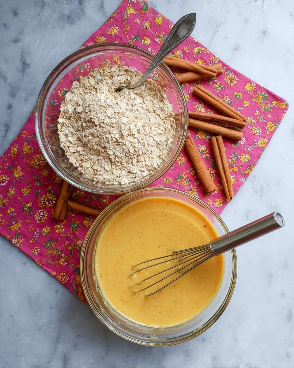 The image shows two clear glass mixing bowls placed on a bright pink and yellow floral cloth over a white marbled surface. The top bowl contains dry oats with a silver spoon resting inside it, showing a light beige textured layer with some flakes. The bottom bowl has a smooth, creamy, golden yellow batter with a silver whisk standing in it. Around the bowls, several cinnamon sticks are scattered neatly on the white marbled surface, adding an earthy brown color contrast. Photo taken with an iphone --ar 4:5 --v 7