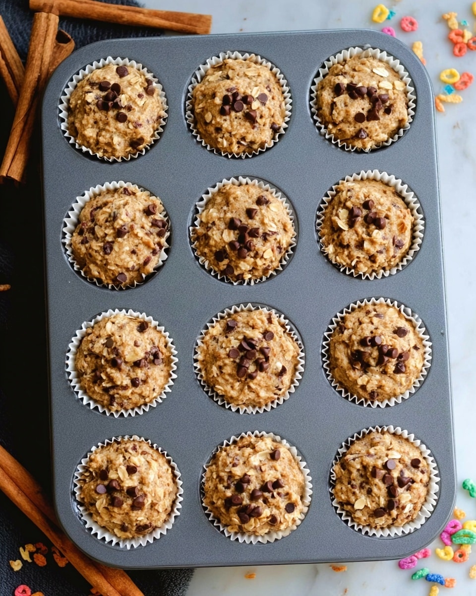 A gray muffin tray holds ten muffins in white baking cups, each filled with a rough-textured, light brown batter mixed with small oats. The tops of the muffins are slightly rounded and sprinkled with small, dark brown chocolate chips. The tray is placed on a white marbled surface with visible cinnamon sticks and colorful cereal pieces at the edges. Photo taken with an iphone --ar 4:5 --v 7