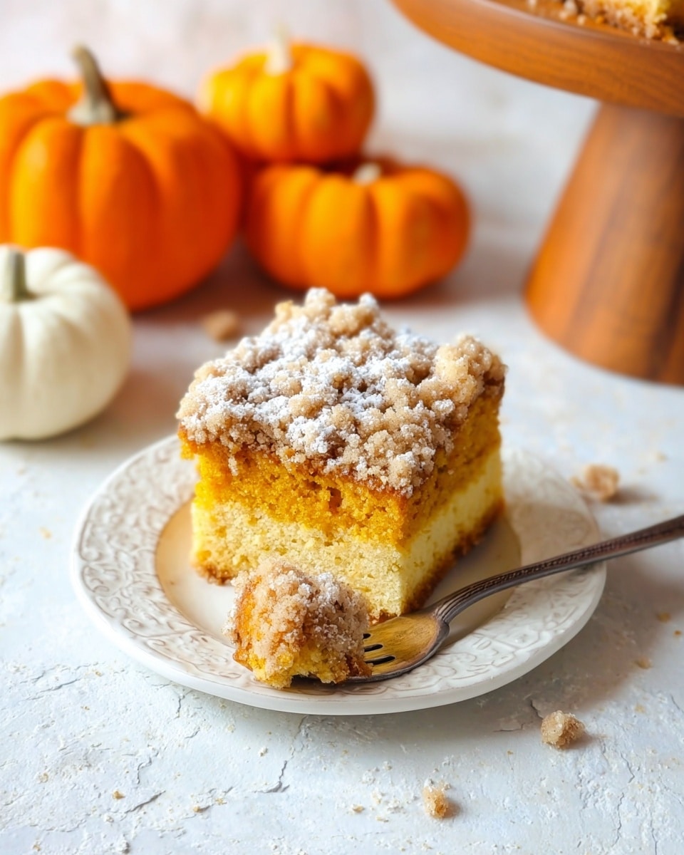 A single square piece of yellow-orange cake with a crumbly light brown streusel topping dusted with white powdered sugar sits on a white plate with a delicate raised floral pattern. At the front of the cake, a fork holds a bite-sized piece showing the soft texture of the cake and some streusel. The background features several small orange and white pumpkins resting on a white marbled surface and a wooden cake stand partially visible on the right. The scene is bright, warm, and cozy. photo taken with an iphone --ar 4:5 --v 7