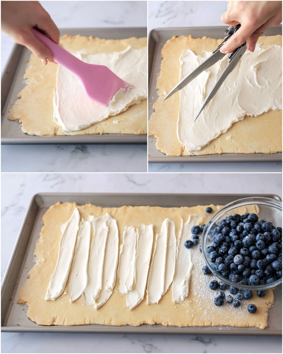 Three-panel image showing a step-by-step view of a pastry being prepared on a baking sheet with a white marbled surface underneath. In the first panel, a woman’s hand holds a pink spatula spreading a thick, creamy white layer of filling evenly over a rectangular light brown dough sheet with slightly rounded edges. In the second panel, a close-up shows silver scissors cutting vertical slits into one edge of the dough beside the creamy filling, creating thin strips. In the third panel, blueberries with a few dusted in white are poured from a clear glass bowl onto the cream layer in the middle of the dough, next to the strips on the side. Photo taken with an iphone --ar 4:5 --v 7