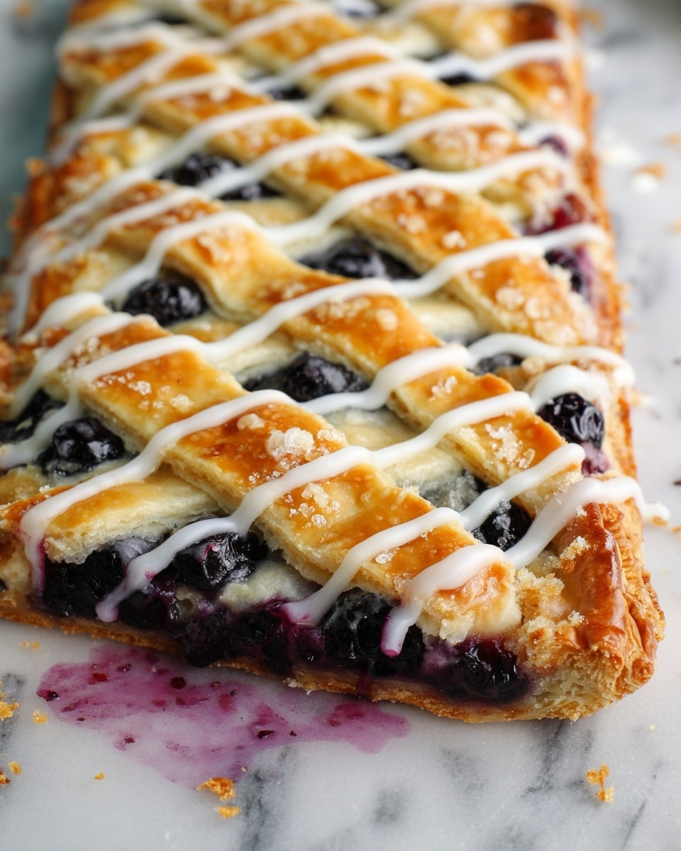 The image shows a close-up view of a rectangular pastry featuring a golden brown lattice top crust, with white icing drizzled in a criss-cross pattern over it. Beneath the crust is a thick layer of dark purple-blue blueberries visible through the lattice and at the slice edges. The pastry sits on a white marbled surface, with some blueberry juices slightly staining the surface near the pastry edges. The texture of the crust looks flaky and slightly shiny, while the blueberries appear plump and juicy. Photo taken with an iphone --ar 4:5 --v 7