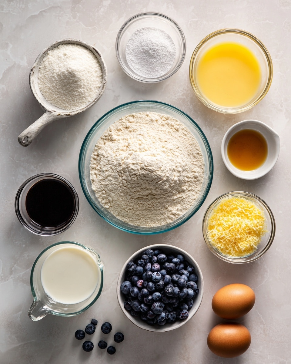 The image shows a top view of several small white bowls and glass containers arranged on a white marbled surface. At the center is a glass bowl filled with light beige flour, surrounded by a glass bowl of white sugar, a small bowl with white powder, a glass measuring cup with white milk, a glass bowl of melted yellow butter, a small white bowl with brown vanilla extract, a small brown bowl holding grated yellow lemon zest, a white bowl full of dark blue blueberries, and a white bowl with two brown eggs. A few scattered blueberries lay around the bowls. photo taken with an iphone --ar 4:5 --v 7