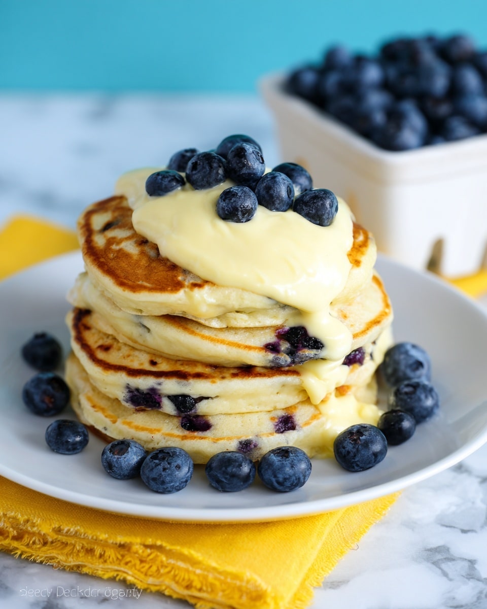 A stack of four thick, golden-brown pancakes with visible blueberries inside each layer sits on a bright white plate. On top, there is a big dollop of pale yellow creamy topping, decorated with fresh, deep blue blueberries scattered both on the topping and around the plate. Behind the stack, there is a white container slightly blurred with more blueberries inside, and the whole setup is on a white marbled surface with a folded yellow cloth underneath the plate. Photo taken with an iphone --ar 4:5 --v 7
