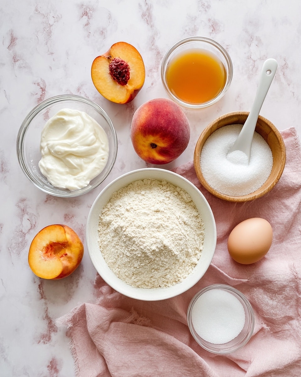 The image shows a flat lay of raw cooking ingredients on a white marbled surface with a soft pink cloth underneath some items. At the center, there is a white bowl filled with light beige flour that has a slight mound shape. To the left, a clear glass bowl holds a dollop of thick white cream. Above the flour bowl, two halved peaches with a warm orange and red skin and bright yellow-orange flesh are placed next to one whole peach. To the right of the peach, a white ceramic spoon contains a small amount of light amber liquid. Next to the spoon, a wooden bowl holds a small pile of white powder. Below the wooden bowl, a clear glass bowl is filled with white granulated sugar. At the bottom right, a clear glass bowl contains a small amount of translucent light yellow liquid. On the top right, a single light brown egg rests on the pink cloth. photo taken with an iphone --ar 4:5 --v 7