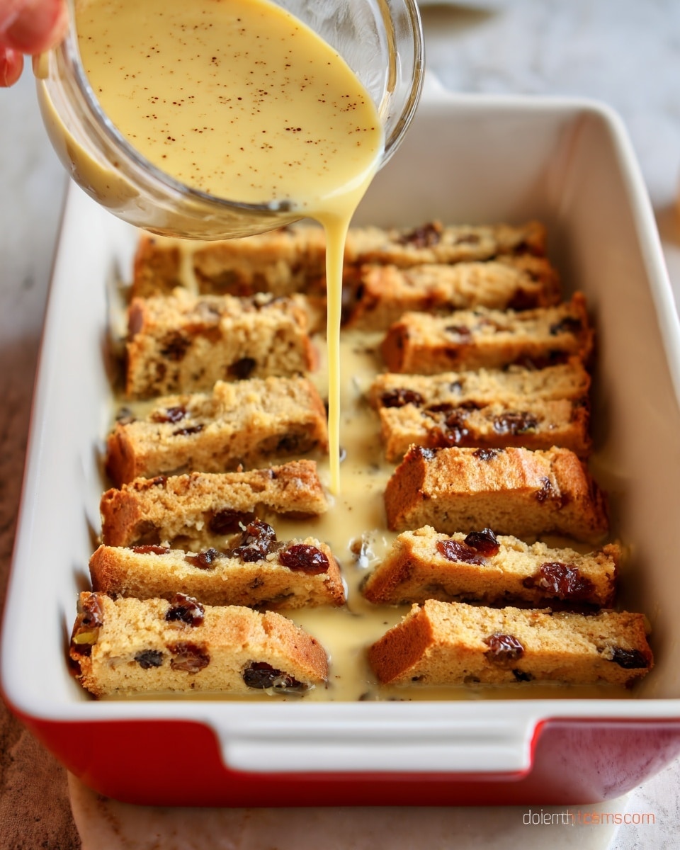 The image shows a white rectangular baking dish filled with neatly arranged slices of golden brown bread, studded with dark dried fruit pieces. A woman's hand is pouring a creamy, speckled yellow liquid evenly over the bread slices, which soak it up, creating a textured, slightly shiny surface on top of the bread. The baking dish is on a white marbled surface, with a hint of a red handle visible in the background. The overall scene captures the preparation stage of a bread pudding or similar dessert, with warm tones and a soft focus on the liquid being poured. photo taken with an iphone --ar 4:5 --v 7