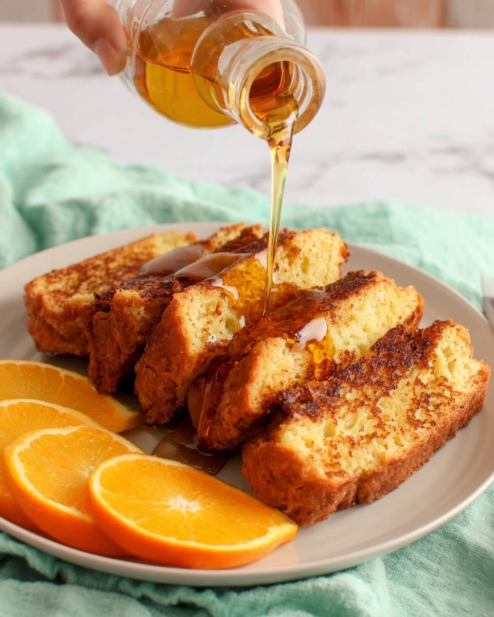 The image shows four thick slices of toasted bread with a crispy brown outside and soft inside, placed side by side on a white plate. The bread looks golden with some darker toasted spots and rough texture. A woman's hand is pouring golden syrup smoothly over the bread from a clear glass bottle, and the syrup is shiny and thick. On the side of the plate, there are three orange slices with bright orange skin and juicy flesh. The plate rests on a pale green cloth with a soft texture, all set on a white marbled surface. photo taken with an iphone --ar 4:5 --v 7