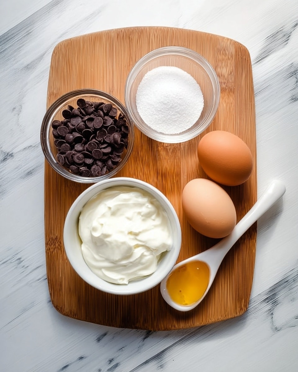 A wooden board with a smooth brown grain pattern sits on a white marbled surface. On the board, there are five ingredients: a white bowl filled with creamy white yogurt placed at the bottom, a small clear glass bowl filled with white sugar on the top right, a small clear glass bowl with a clear liquid on the top left, and a white ceramic spoon holding golden honey resting near the bottom right side. Next to the wooden board on the marbled surface, there are two brown eggs and a white bowl full of dark brown chocolate chips. The setup is bright and clean, giving a fresh and simple look. photo taken with an iphone --ar 4:5 --v 7