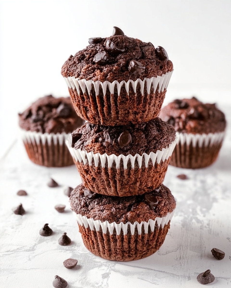 A stack of three chocolate muffins with dark chocolate chips on top is placed in the center, each muffin wrapped in white paper liners showing a rough, crumbly texture. Around the stack, there are two more muffins in white paper liners and scattered dark chocolate chips on a white marbled surface. The background is plain white, making the rich brown color of the muffins and the shiny chocolate chips stand out clearly. Photo taken with an iphone --ar 4:5 --v 7