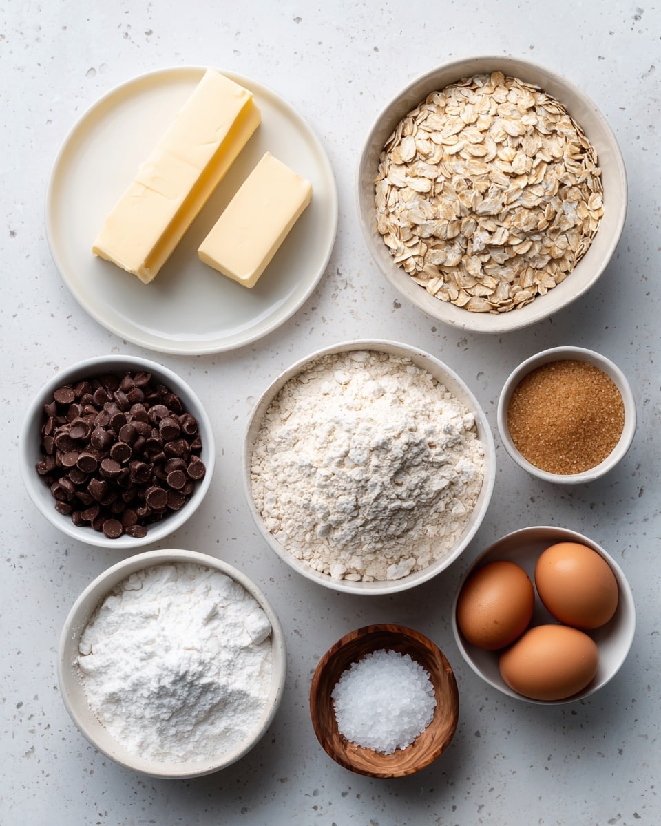 The image shows various baking ingredients placed neatly on a white marbled surface. There is a white plate with two sticks of pale yellow butter at the top center. Next to it on the right, a white bowl is filled with light brown rolled oats. Below the oats is a larger white bowl full of white flour with a slightly rough texture. To the right of the flour is a small white bowl holding packed light brown sugar. Below the brown sugar is a white bowl with fine white granulated sugar. On the left side near the bottom is a white bowl holding two brown eggs. Above that, a small wooden bowl contains white baking soda. Next to the baking soda in the center sits a small clear glass bowl with white salt. On the far left, close to the top corner, a white bowl filled with dark brown chocolate chips completes the setup. photo taken with an iphone --ar 4:5 --v 7