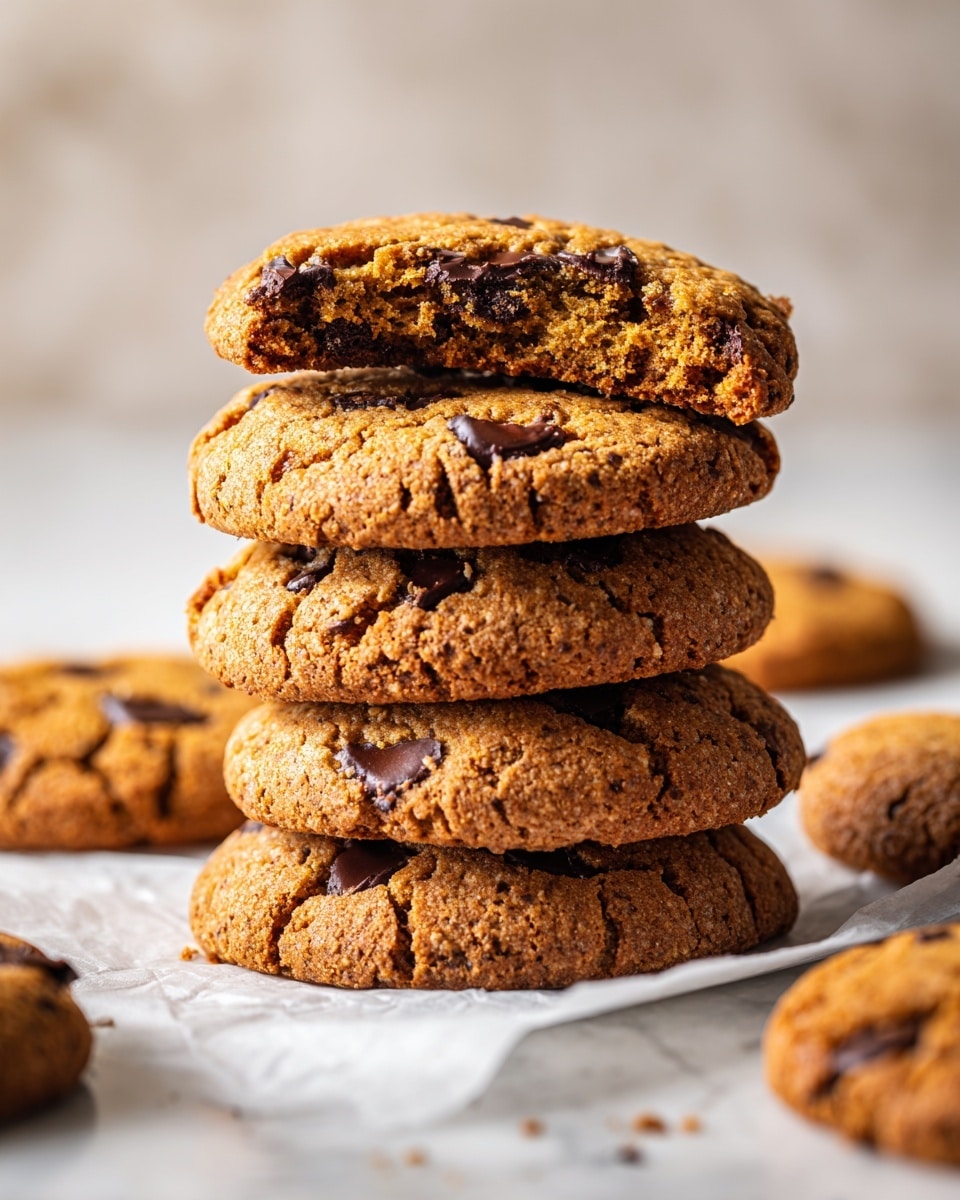 A stack of five round chocolate chip cookies with a rough, crumbly texture and a golden brown color sits on white parchment paper on a white marbled surface. The top cookie is split open, showing a slightly soft inside with dark chocolate chips embedded throughout. Several more cookies with similar rough edges and chocolate chips are scattered in the background, all with a warm, golden hue. The photo taken with an iphone --ar 4:5 --v 7