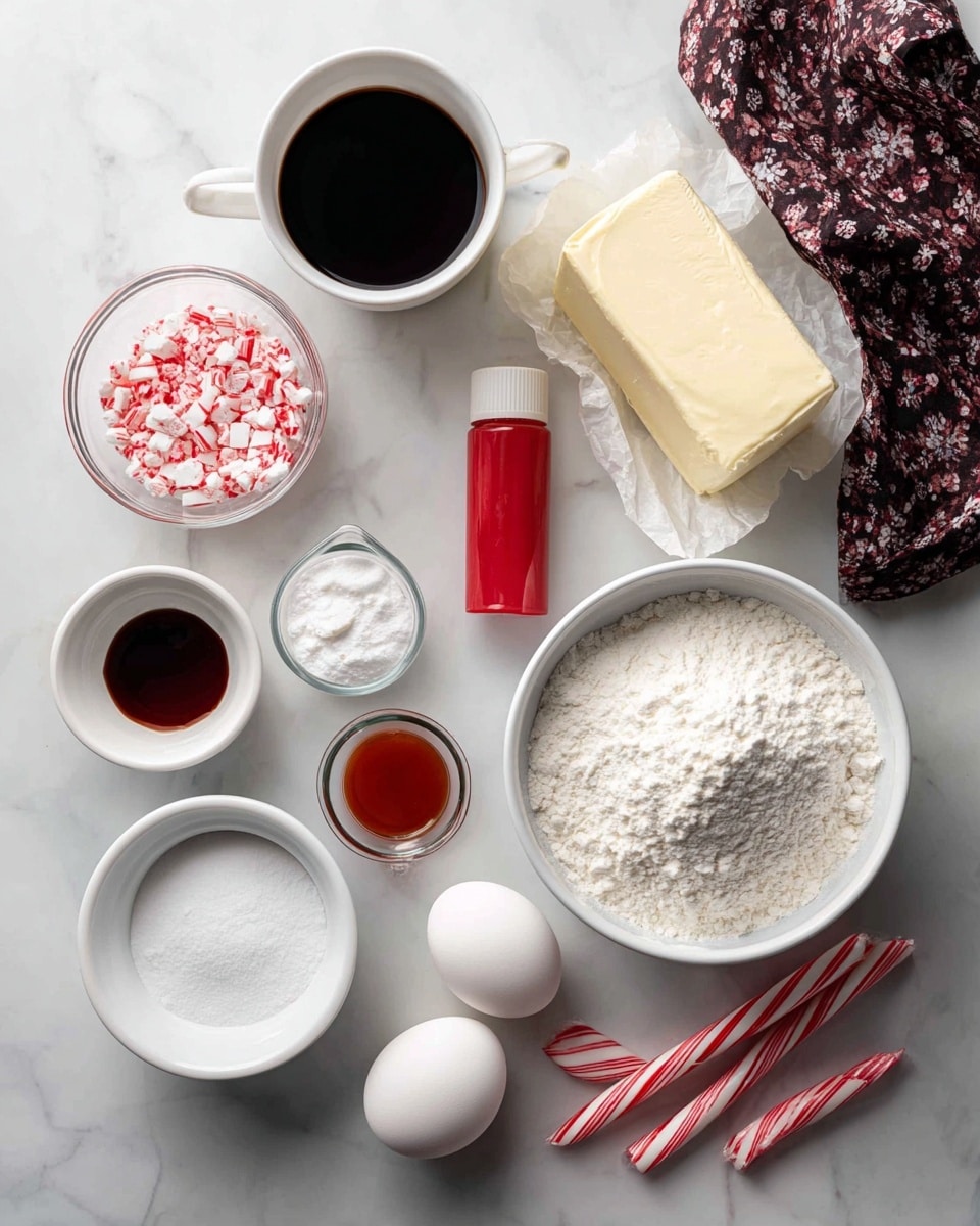 The image shows various baking ingredients neatly arranged on a white marbled surface. From the top left, there is a small white cup filled with a dark liquid, next to an empty small round bowl. Below these, there is a small white bowl with crushed red and white candy pieces, followed by a bottle of red gel food coloring with a pointed tip. In the middle, a clear measuring cup holds a white creamy substance, next to a rectangular block of butter wrapped in paper. To the right of the butter, a large white bowl is full of flour. Below, a white bowl contains powdered sugar, next to a single white egg and a small glass bowl with white granulated sugar. Two small red and white candy canes lie on the bottom right side. A piece of dark floral cloth is folded in the upper right corner. The photo taken with an iphone --ar 4:5 --v 7
