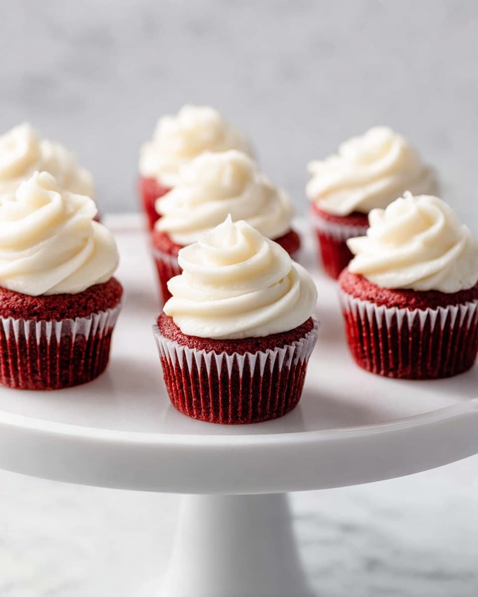 Seven red velvet mini cupcakes sit on a white cake stand with a smooth surface and a thin edge. Each cupcake has two layers: the bottom layer is a deep red color with a soft, slightly moist texture, while the top layer is a swirl of creamy white frosting with a soft, smooth texture forming a peak at the center. The cupcakes are evenly spaced, and the background is a clean white marbled texture. photo taken with an iphone --ar 4:5 --v 7