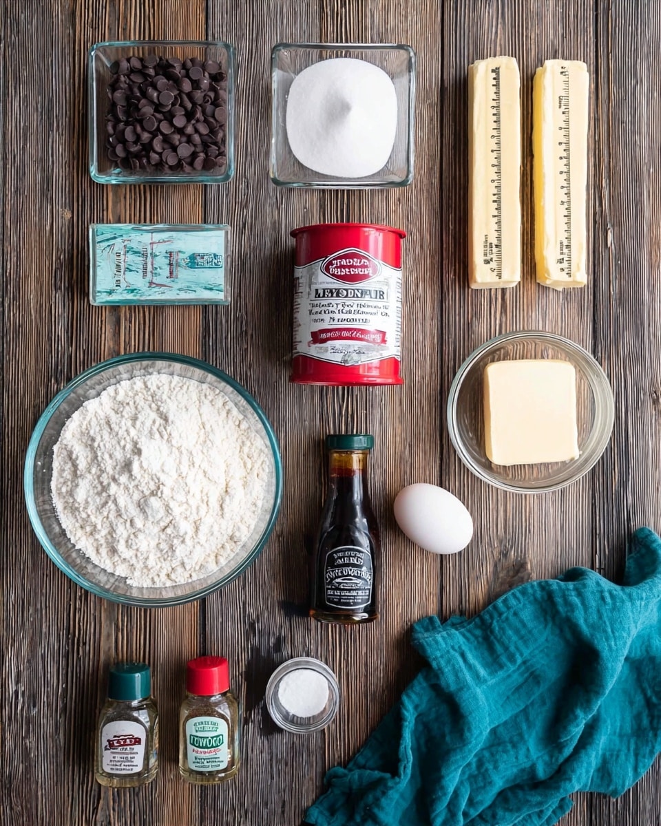 A top-down view of baking ingredients on a wooden surface, including a large clear bowl filled with white flour positioned at the bottom left, a smaller clear bowl with white sugar above it, and a small square clear dish filled with dark chocolate chips at the top left. To the right of these, two butter sticks with measurement markings lie horizontally near the top right, with a single white egg next to them. In the center, a red and white baking powder container stands upright surrounded by small bottles of leaf green and red red coloring, a clear salt shaker, and a dark brown bottle labeled vanilla extract sitting on a crumpled teal cloth at the bottom right corner photo taken with an iphone --ar 4:5 --v 7