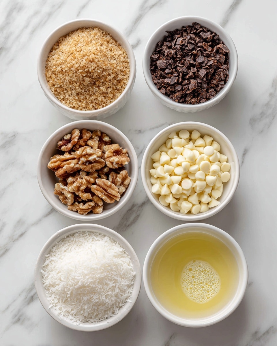 The image shows six small white bowls arranged on a white marbled surface. One bowl is filled with light brown granulated crumbs, another bowl contains white chocolate chips with a smooth, round shape. There is a bowl with chopped brown walnuts showing rough texture, a bowl filled with small dark brown chocolate chips, a bowl with shredded white coconut flakes, and another bowl containing a light creamy yellow liquid with some bubbles on the surface. Photo taken with an iphone --ar 4:5 --v 7