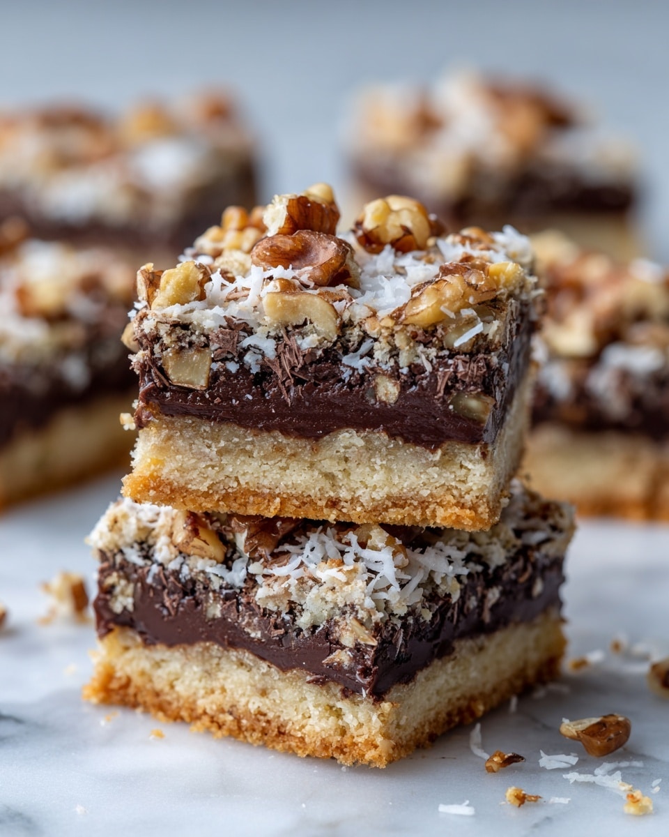 The image shows a stack of three dessert bars on a white marbled surface, each bar made up of three layers. The bottom layer is a golden brown crumbly crust. The middle layer is thick and dark brown, filled with many chunky chocolate pieces. The top layer is lighter with shredded white coconut and chopped walnuts scattered unevenly across, creating a rough texture. In the background, more bars are visible, slightly blurred, and the focus is on the detailed layers of the front stack. Photo taken with an iphone --ar 4:5 --v 7
