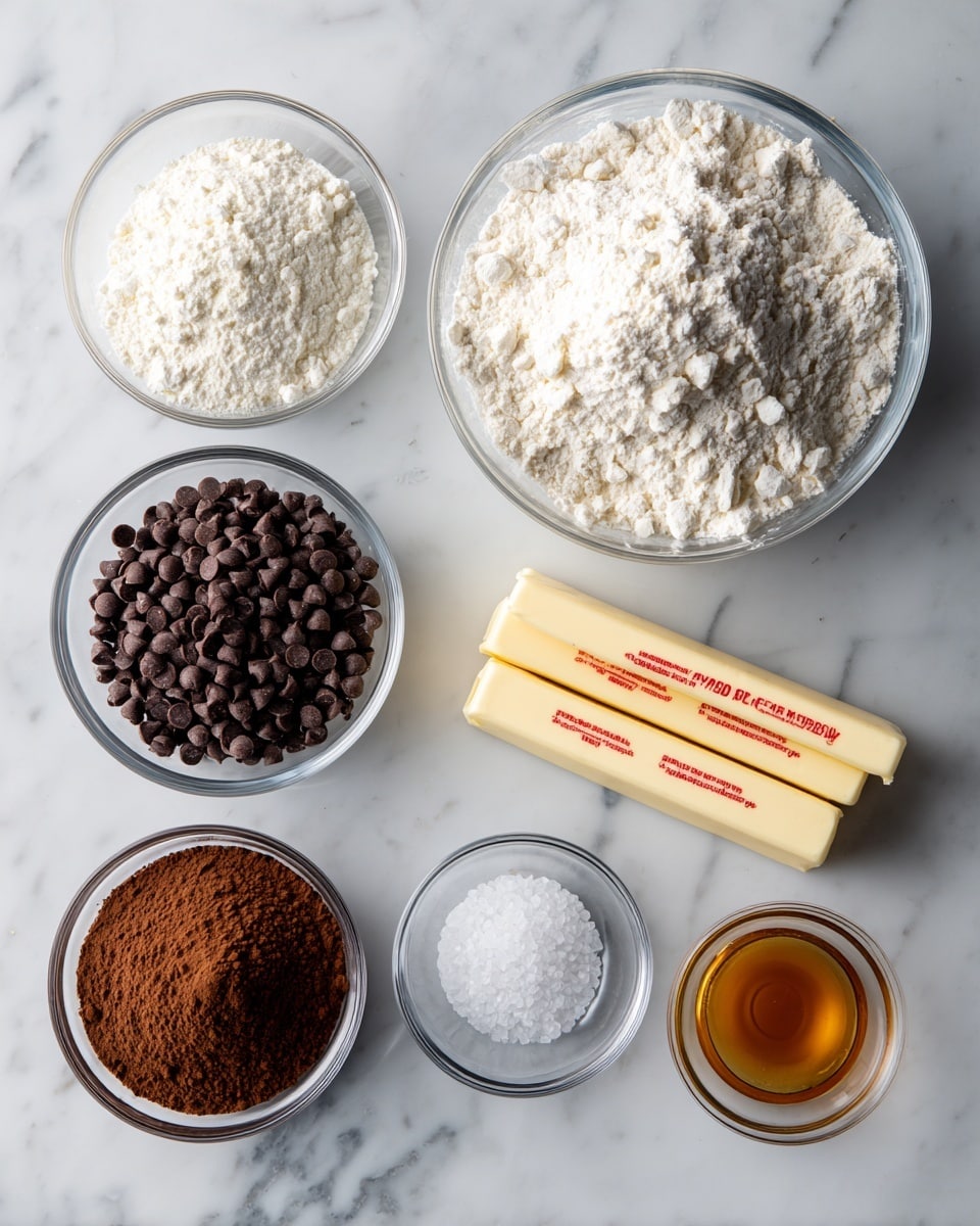 The image shows seven clear glass bowls and two sticks of butter arranged neatly on a white marbled surface. The largest bowl on the top right holds white flour with a slightly crumbly texture. Below it to the left is a smaller bowl filled with fine white powder that looks like powdered sugar. To the right is a bowl full of small dark brown chocolate chips. Two pale yellow butter sticks with red text lie horizontally beside these bowls. On the bottom left, there is a bowl filled with rich brown cocoa powder. Near the bottom center, a small bowl contains white salt crystals, and to the right, another small bowl holds amber-colored vanilla extract. The setup is clean and organized, showing the raw ingredients clearly. Photo taken with an iphone --ar 4:5 --v 7