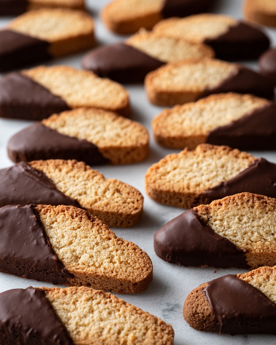 The image shows multiple rows of light golden brown biscotti cookies placed on white marbled texture, each cookie having a firm and slightly crumbly texture with a rough surface. Each biscotti is long and oval-shaped with straight edges. Some of the biscotti have one end dipped in smooth, shiny dark chocolate, creating a rich contrast between the light cookie color and the dark chocolate coating. The biscotti are evenly spaced, and the chocolate dipped ends are mostly facing the viewer, showing the deep glossy texture of the chocolate. The background is softly blurred, focusing the attention on the biscotti rows. Photo taken with an iphone --ar 4:5 --v 7