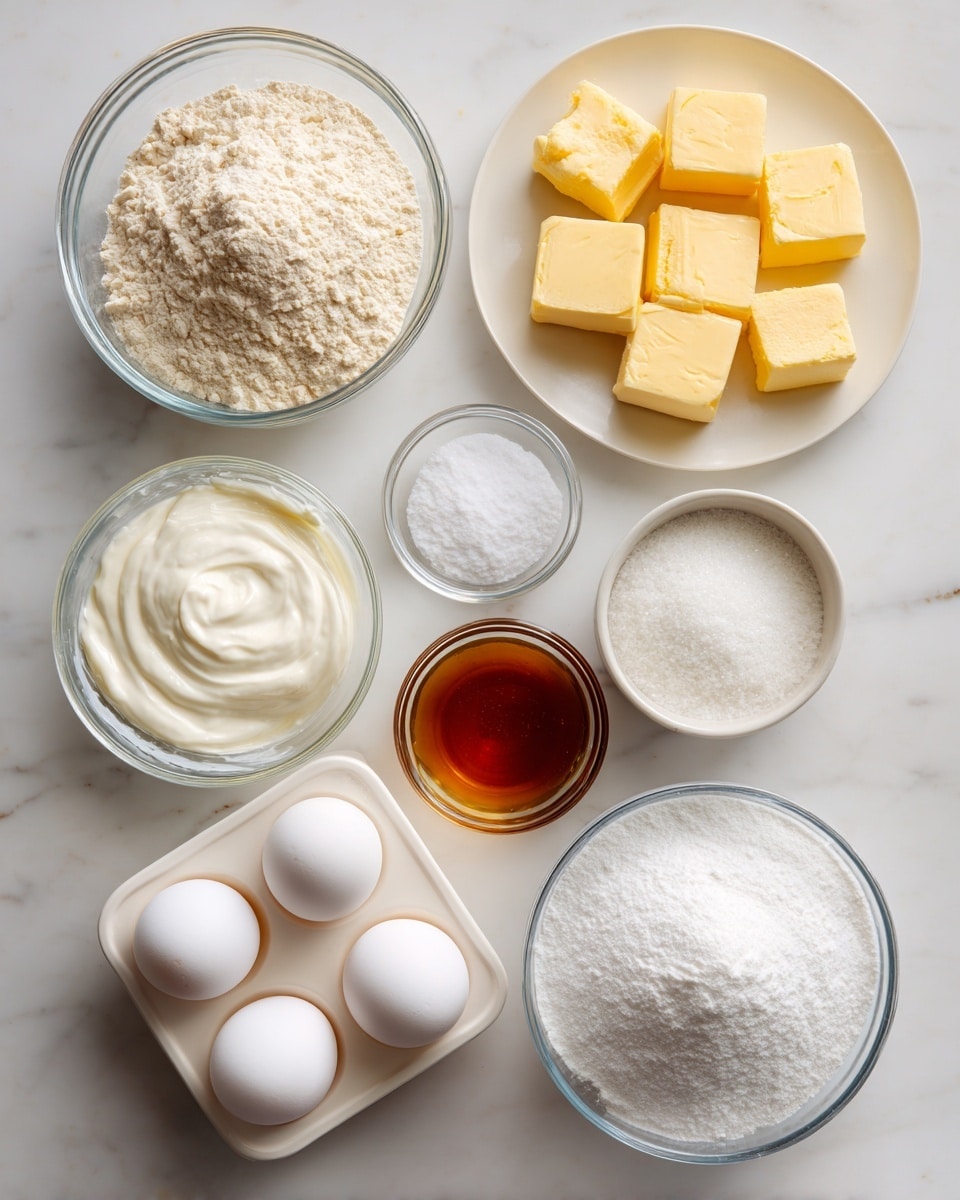 A white marbled surface with eight clear glass bowls and a white egg tray are arranged neatly. The top left bowl holds light beige flour, with a smaller bowl below it containing thick white cream. To the right of the flour, a small bowl contains white baking powder, and below that a larger bowl holds golden brown vanilla extract. The white egg tray near the center has four whole white eggs placed on it. To the right of the eggs, a small bowl holds white salt, and at the bottom right corner, a large bowl is filled with white granulated sugar. At the top right, a white plate with two rows of six yellow butter cubes each sits. photo taken with an iphone --ar 4:5 --v 7