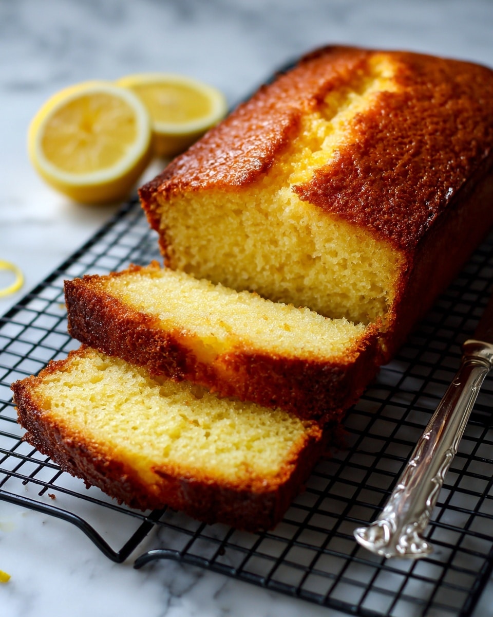 A golden brown lemon cake loaf with a slightly cracked top shows a soft, moist, light yellow inside. Two thick slices lay in front, revealing the crumb texture. The loaf is on a black metal cooling rack above a white marbled surface. On the left, two thin lemon slices are partly visible. To the right, a shiny knife rests. The scene is simple and bright with natural light. Photo taken with an iphone --ar 4:5 --v 7