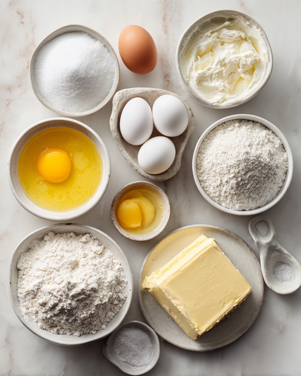 A top-down view of several white bowls and plates arranged on a white marbled surface, each holding different baking ingredients: one bowl with fine white sugar, another with three white eggs and one brown egg, a bowl filled with bright yellow melted butter, a small plate with a block of cream cheese, a bowl full of overflowing powdered sugar, another bowl containing a mixture of flour, a small scoop dish with white baking powder, a tiny bowl with a pinch of salt, and a small bowl of melted butter. The ingredients are spaced evenly, showing their textures clearly, with soft natural lighting highlighting the colors and details. Photo taken with an iphone --ar 4:5 --v 7