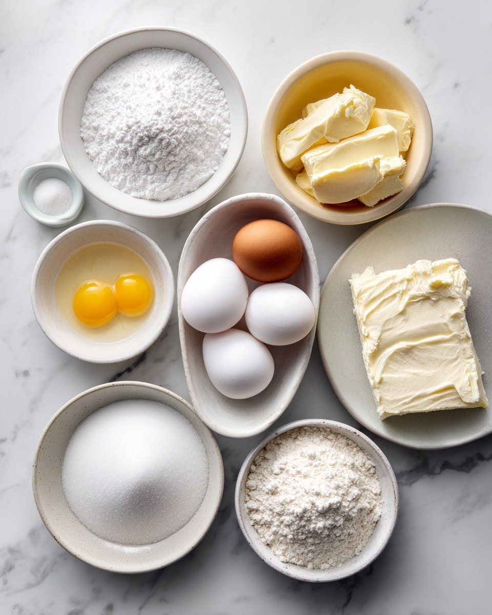 The image shows eight white bowls and plates arranged in a circle on a white marbled surface. Each holds different baking ingredients: bright white sugar, three white eggs with one brown egg on top, melted yellow butter, white flour, a creamy white block of cream cheese on a plate, powdered sugar in a shallow bowl, a small bowl of baking powder, and a small bowl with salt. The colors vary from white and brown to yellow, and the textures include fine powders and smooth creams. The composition is neat and evenly spaced. photo taken with an iphone --ar 4:5 --v 7