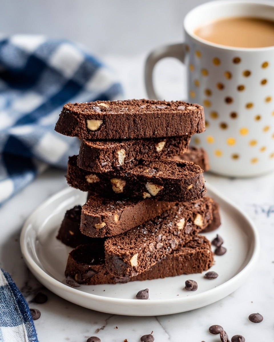A stack of six chocolate biscotti pieces is arranged unevenly on a white plate, each piece showing bits of nuts and darker chocolate chips inside. The biscotti are deep brown with a rough texture and small cracks on the surface. Scattered around the plate on the white marbled surface are a few chocolate chips. In the background, there is a white mug with small gold dots and part of a letter visible, filled with a light brown drink. To the left, a blue and white checkered cloth is partially visible. photo taken with an iphone --ar 4:5 --v 7