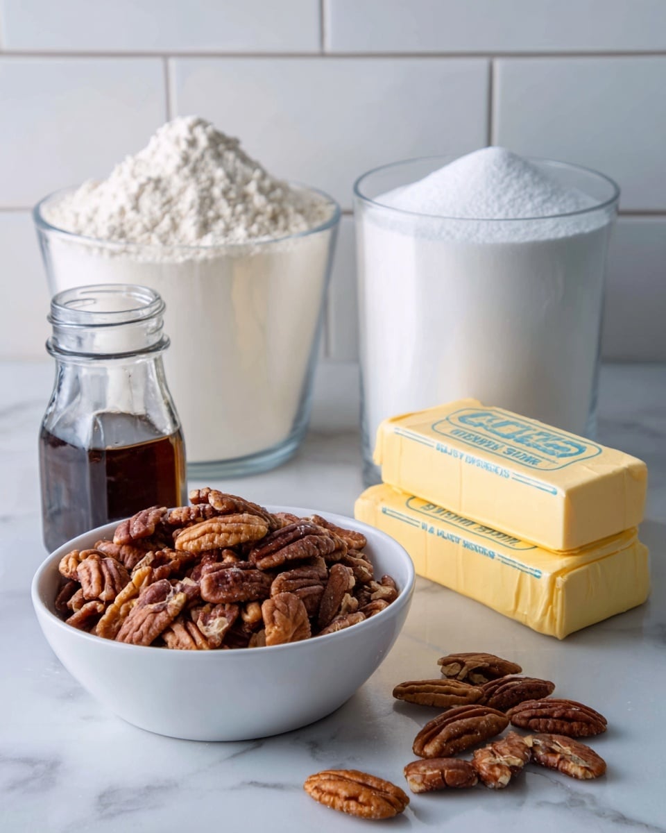 The image shows five ingredients on a white marbled surface. In the middle, there is a white bowl filled with chopped pecans that are brown and textured. To the left, there is a small glass jar with dark brown liquid, likely vanilla extract. Behind the jar, a large glass container holds white flour with a soft, powdery look. Behind the bowl of pecans, another glass container is filled with white sugar, also soft and granular. On the right side, there are two sticks of salted butter wrapped in yellow paper with blue text stacked on top of each other. The background is a white tiled wall. Photo taken with an iphone --ar 4:5 --v 7