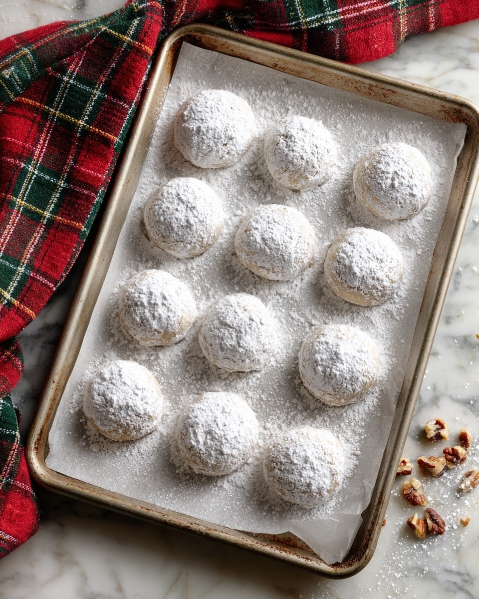The image shows a metal baking tray lined with white parchment paper, holding twelve round cookies covered in a thick layer of white powdered sugar. The cookies are evenly spaced in a grid pattern, each cookie dusted fully, giving them a soft, snowy look. The metal tray has a slightly worn texture and is placed on a white marbled surface with a red, green, and white plaid cloth partially visible in the top left corner. Small bits of nuts are also scattered near the cloth, adding subtle detail. photo taken with an iphone --ar 4:5 --v 7
