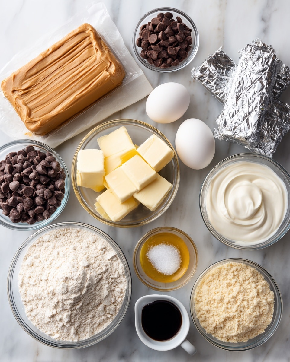 The image shows several clear glass bowls and packages of baking ingredients arranged on a white marbled surface. There are two large eggs near the center, a stick of butter sliced into pieces with silver foil open beneath it, and a half-block wrapped in silver foil. A rectangular package of smooth brown peanut butter is on the left side. The glass bowls contain light brown and white sugar, chocolate chips, flour, melted yellow butter, a small amount of white salt, and a small bowl with dark vanilla extract. A black measuring cup holds some white cream. Everything is neatly placed and evenly spaced. Photo taken with an iphone --ar 4:5 --v 7