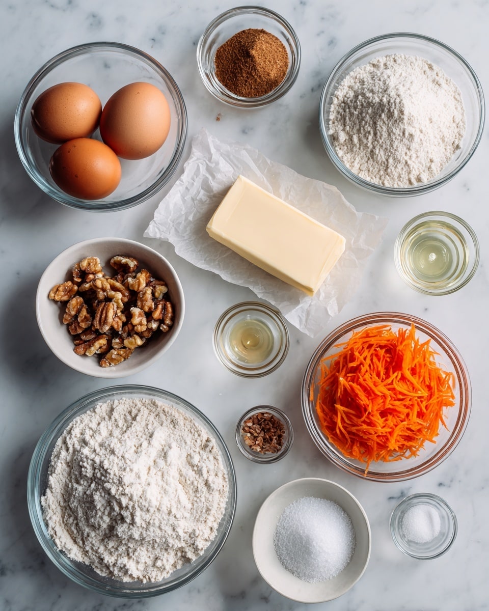 The image shows a white marbled surface with baking ingredients neatly placed in separate clear glass bowls and small containers. There are three brown eggs sitting together in a small white bowl, two bigger glass bowls filled with white flour and white powdered sugar. One small white bowl holds golden brown chopped nuts, another has bright orange shredded carrots, and a tiny container has ground brown cinnamon. A partially melted stick of yellow butter rests on parchment paper near the center. Small glass bowls contain clear liquid vanilla extract, some oil, and a few white granulated sugar piles. Everything is arranged in a clean, organized way ready for baking, photo taken with an iphone --ar 4:5 --v 7