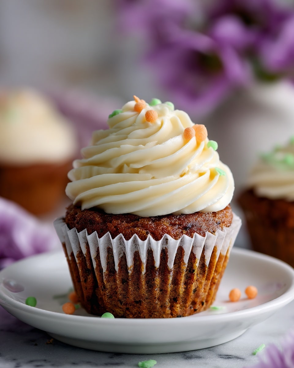 The image shows a single cupcake on a white plate with a white marbled texture background. The cupcake has two main layers: a brown, moist-looking cake base with small specks throughout and a thick, creamy white frosting on top, swirled in a decorative pattern. The frosting is garnished with small round sprinkles in light orange and light green colors, some of which are scattered on the plate. In the background, there are blurred purple flowers and another cupcake with similar frosting. Photo taken with an iphone --ar 4:5 --v 7