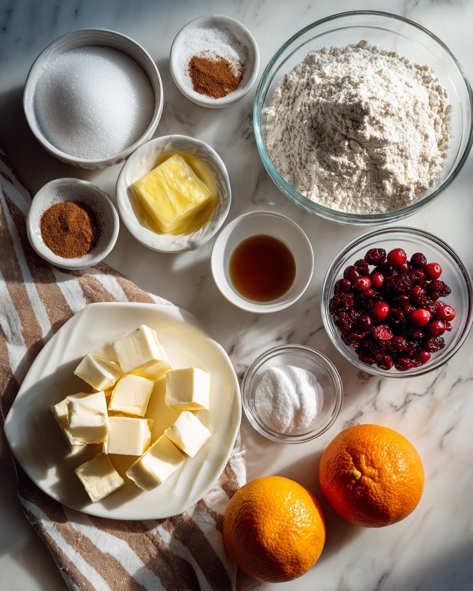 The image shows a top view of various ingredients laid out on a white marbled surface. There are two whole oranges on the right side with a small white bowl of red cranberries above them. Near the center, a small white bowl contains melted yellow butter, and next to it is a smaller bowl filled with brown liquid. At the top right, a large clear bowl is full of white flour, while a slightly smaller clear bowl with white powdered sugar is to the left. At the top left, a small white bowl is filled with white granulated sugar, and a very small glass bowl containing a white powder is in the center. Below, a small square of butter rests on a white plate near the middle. At the bottom left, a large white plate contains small cubes of butter, a small heap of white flour, cinnamon powder, and granulated sugar all neatly arranged in separate piles. A striped cloth nappie in beige and white tones is partially under this plate. The lighting is bright and natural. photo taken with an iphone --ar 4:5 --v 7