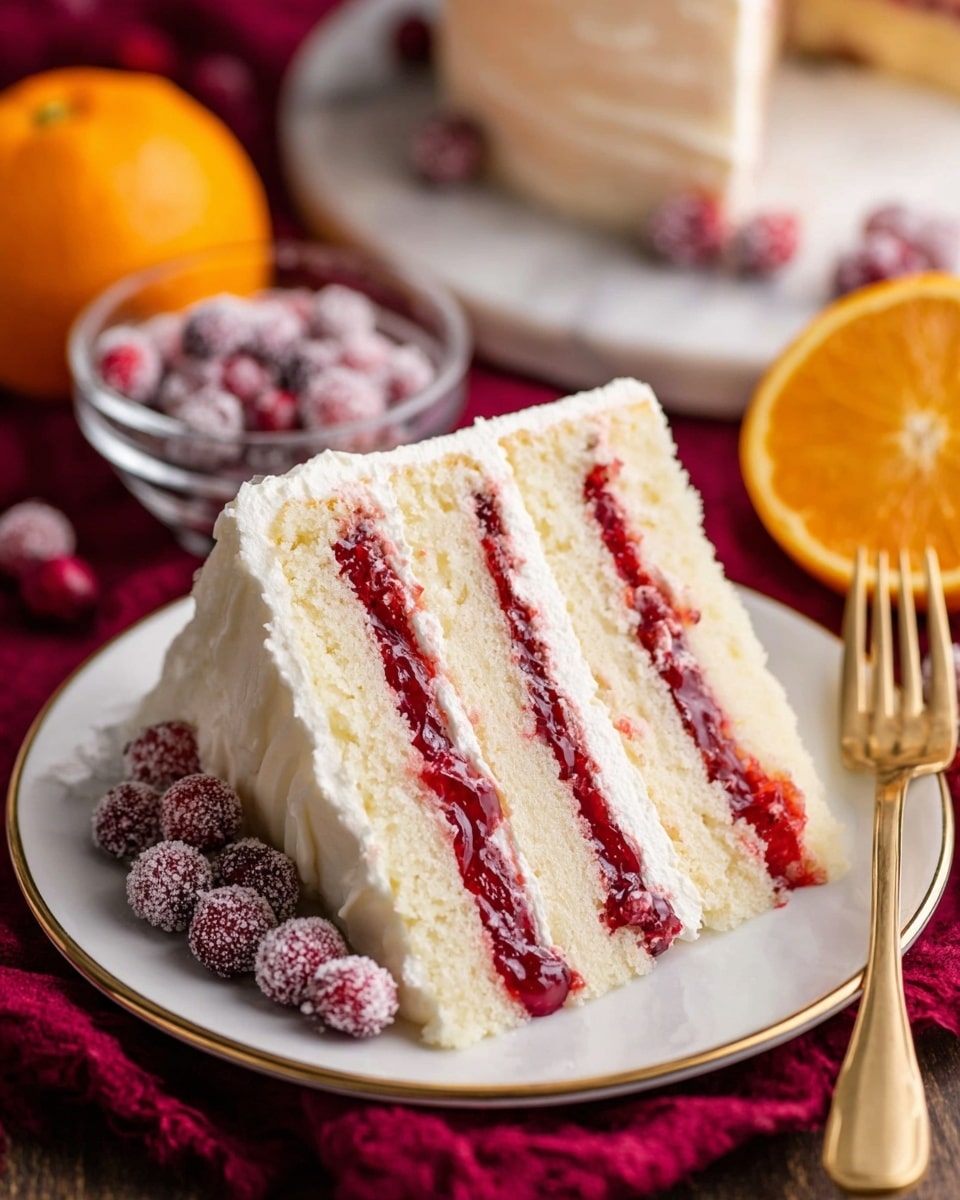 A slice of four-layer white cake is shown on a white plate with a thin gold rim. Between each layer of soft white cake, there are three thick layers of bright red jam. The cake is covered with smooth white frosting on the sides and top. On the plate near the cake slice, there are several sugared cranberries with a frosty look. In the background, a halved orange, a small glass bowl of sugared cranberries, and more slices of the same cake are visible on a white marbled surface with a deep red cloth. A gold fork lies beside the plate. Photo taken with an iphone --ar 4:5 --v 7