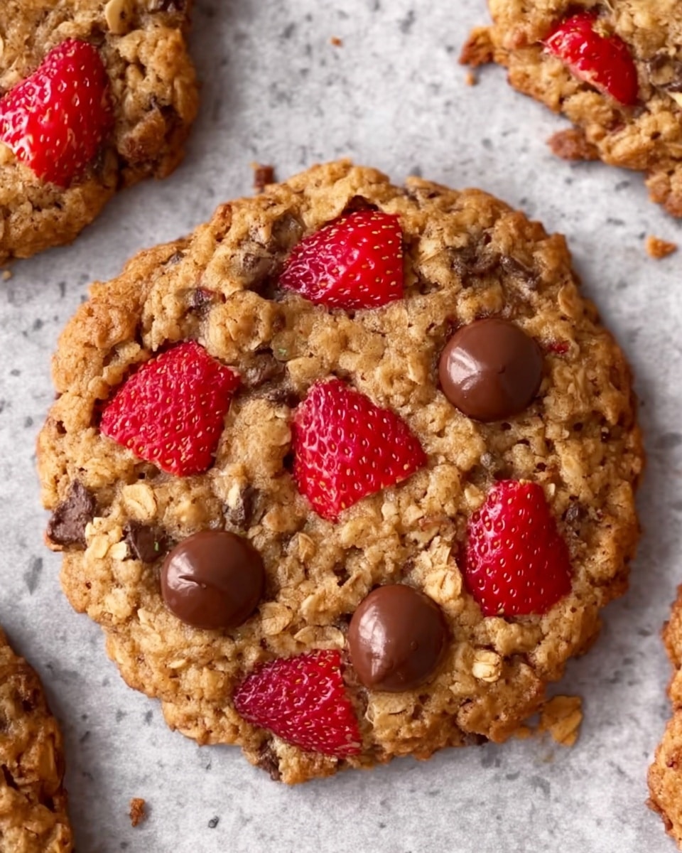 A close-up of a single oatmeal cookie with a rough, crumbly texture, showing visible oats throughout its golden-brown surface. Scattered evenly on top are fresh, bright red strawberry pieces and glossy, dark brown chocolate chips, slightly melting. The cookie rests on light gray parchment paper that displays a few crumbs around it. The background is a white marbled texture. photo taken with an iphone --ar 4:5 --v 7
