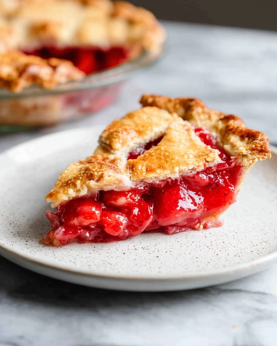 A slice of fruit pie with two layers is shown on a white plate with a subtle speckled texture. The bottom layer is filled with bright red, glossy fruit filling that looks soft and juicy with visible pieces of fruit. The top layer is a thick, golden-brown crust with a slightly uneven surface and a few browned spots, with a small triangular piece resting on top of the filling. In the background, you can see the rest of the pie in a clear glass pie pan, sitting on a white marbled surface. The lighting highlights the shine on the filling and the golden color of the crust. Photo taken with an iphone --ar 4:5 --v 7
